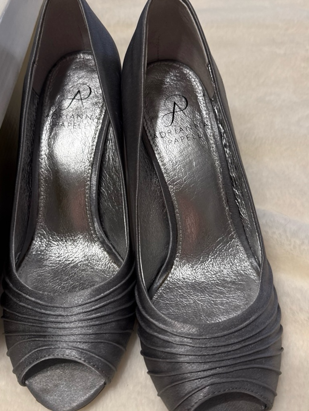 Adrianna Papell Metallic Gunmetal Ruched Peep-Toe Heels